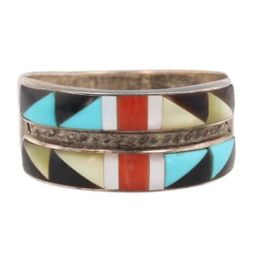 Signed 'RS' Zuni Sterling Multi Stone Inlay Ring Sz 9.5