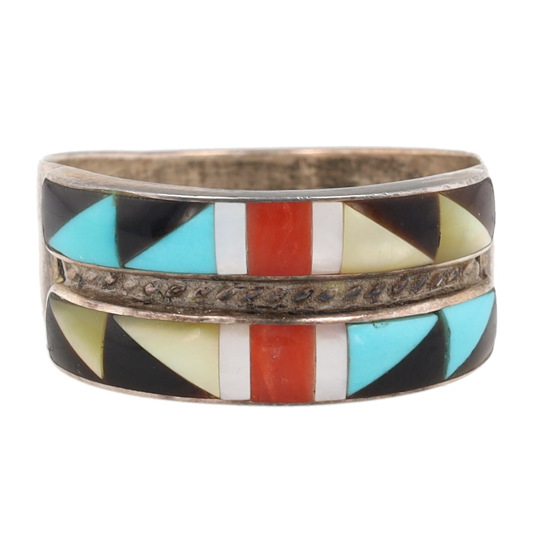Signed 'RS' Zuni Sterling Multi Stone Inlay Ring Sz 9.5 (1 of 6)