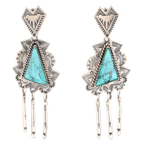 Rudy Willie Navajo Sterling Stamped Carved Turquoise Earrings