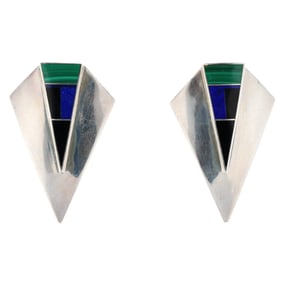 Ray Tracey Knifewing Sterling Lapis Lazuli Malachite Inlay Earrings