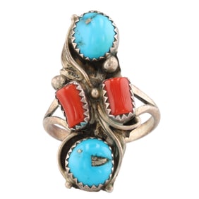 Signed 'KC' Navajo Sterling Turquoise Coral Ring Sz 8