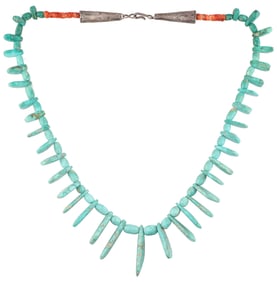 Vintage Signed Santo Domingo Sterling Turquoise Spiny Oyster Tab Necklace