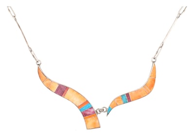 Harold Smith Navajo Sterling Spiny Oyster Multi Stone Inlay Necklace