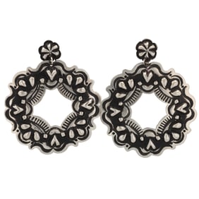 Leander Tahe Navajo Sterling Stamped Repousse Concho Earrings