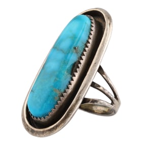 Signed Navajo Vintage Sterling Oblong Turquoise Ring Sz 7