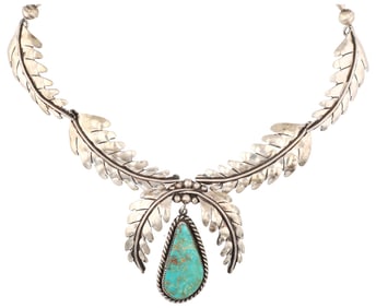 Signed Navajo Vintage Sterling Turquoise Feather Necklace