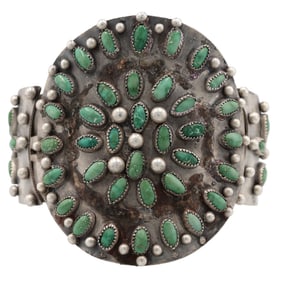 Signed Navajo Vintage Sterling Green Turquoise Cluster Cuff Bracelet