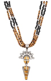 Signed 'JW' Navajo Sterling Tigers Eye Inlay Kachina Bead Necklace