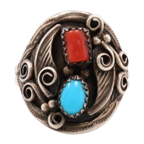 Priscilla Sam Navajo Sterling Turquoise Coral Ring Sz 10