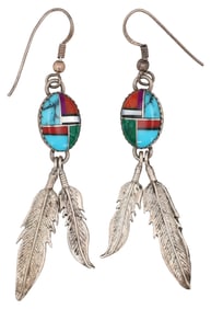 Navajo Sterling Multi Stone Inlay Feather Earrings