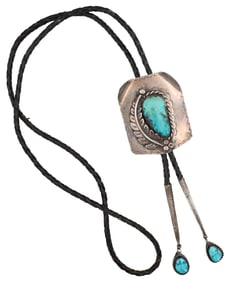 Signed 'MB' Navajo Sterling Turquoise Bolo Tie