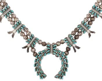 Vintage Zuni Sterling Needlepoint Turquoise Squash Blossom Necklace