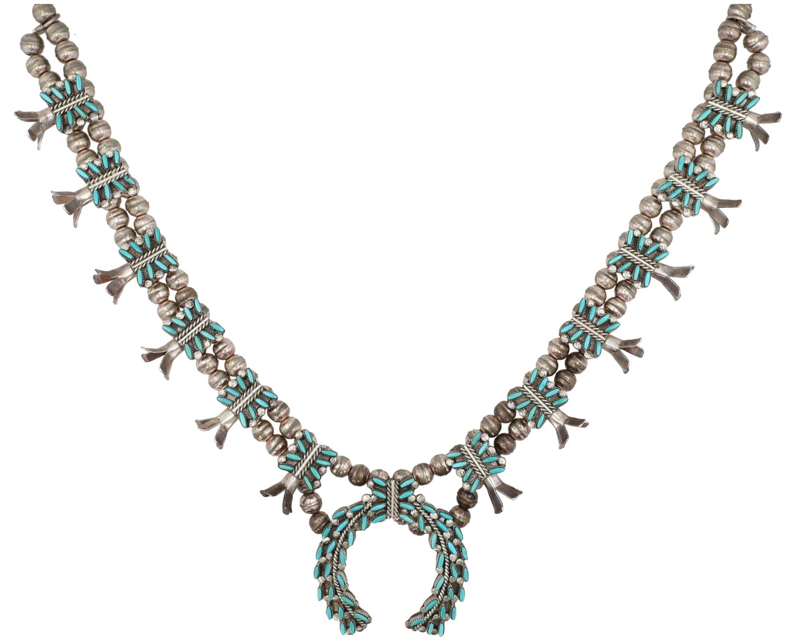 Vintage Zuni Sterling Needlepoint Turquoise Squash Blossom Necklace (1 of 6)