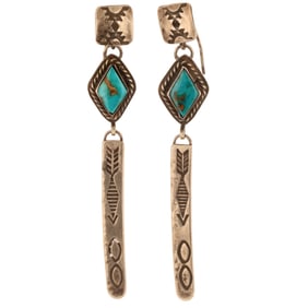 Navajo Sterling Hand Stamped Turquoise Bar Earrings