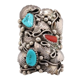 Virginia Calladitto-Becenti Navajo Sterling Turquoise Coral Leaf Ring Sz 8
