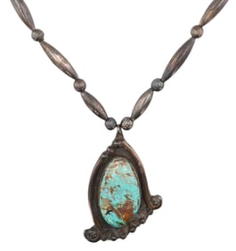 Signed Early Navajo Handmade Sterling Bead Turquoise Necklace