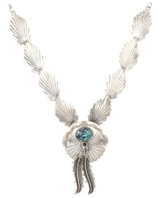 Johhny Johnson Navajo Sterling Spiderweb Turquoise Feather Necklace