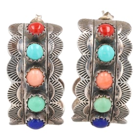 Navajo Sterling Stamped Multi Stone Half Hoop Earrings