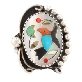 Vintage Zuni Sterling Hummingbird Inlay Ring Sz 7