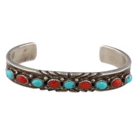 Teddy Silversmith Navajo Sterling Coral Turquoise Row Cuff Bracelet