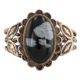 Vintage Navajo Sterling Snowflake Obsidian Stamped Cuff Bracelet