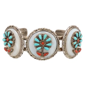 Jack Mahkee Zuni Sterling Turquoise Coral Raised Inlay Flower Cuff Bracelet
