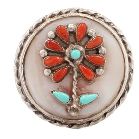 Jack Mahkee Zuni Sterling Coral Turquoise Raised Inlay Flower Ring Sz 7.5