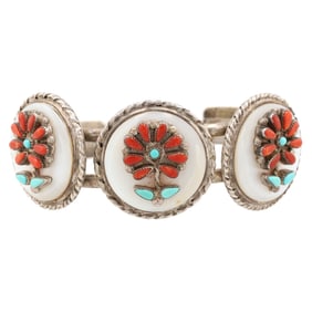 Jack Mahkee Zuni Sterling Coral Turquoise Raised Inlay Flower Cuff Bracelet
