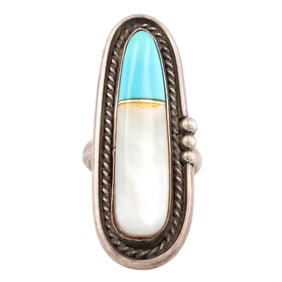 Vintage Zuni Sterling Turquoise Mother of Pearl Inlay Ring Sz 9.5