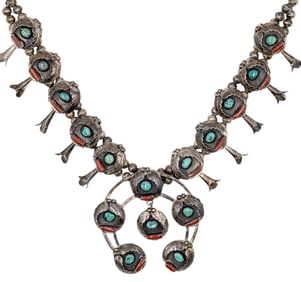 Vintage Navajo Sterling Turquoise Coral Squash Blossom Necklace