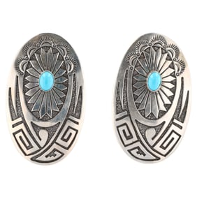 Hopi Sterling Overlay Turquoise Concho Earrings