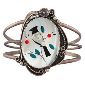 Hand Signed Tsosie Navajo Sterling Inlay Bird Cuff Bracelet