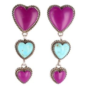 E Yazzie Navajo Sterling Turquoise Sugilite Tier Heart Earrings