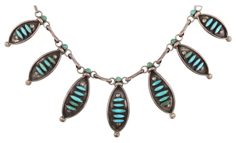 Vintage Signed Zuni Sterling Turquoise Petal Necklace