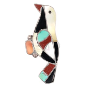 Signed AC Zuni Sterling Inlay Bird Ring Sz 9.75