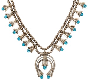 Frank Yazzie Navajo Sterling Kingman Turquoise Squash Blossom Necklace