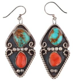 Vintage Navajo Sterling Large Turquoise Coral Earrings