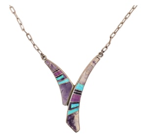 Kenneth Bitsie Navajo Sterling Multi Stone Inlay Necklace