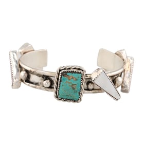 Signed 'OJ' Navajo Sterling Turquoise Mother of Pearl Geometric Cuff Bracelet