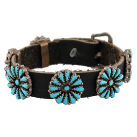 Vintage Navajo Turquoise Petit Point Leather Bracelet