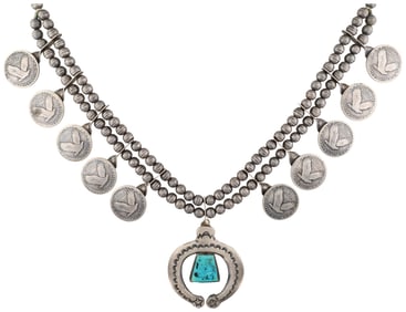 Lawrence Archuleta Taos Pueblo Buffalo Dancer Standing Liberty Coin Silver Turquoise Squash Blossom