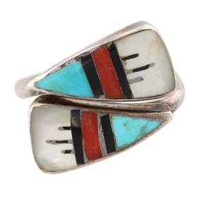 Hand Signed Zuni Sterling Multi Stone Inlay Bypass Ring