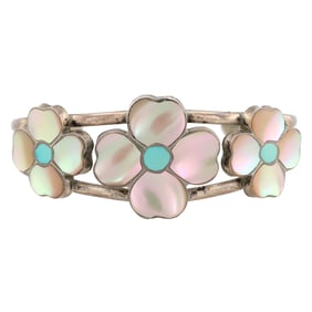 Zuni Sterling Turquoise Mother of Pearl Desert Rose Cuff Bracelet