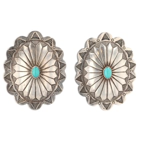 Navajo Sterling Stamped Turquoise Concho Earrings