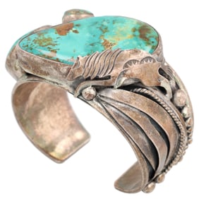 Wow! Delbert Chatter Navajo Sterling Wolf Turquoise Chunk Cuff Bracelet