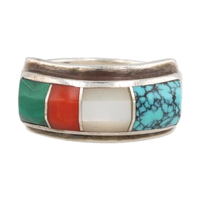 Ben Nighthorse Navajo Sterling Raised Inlay Ring Sz 7.5