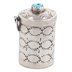 Cecil Sanders Navajo Sterling Hand Stamped Turquoise Cylinder Pill Box