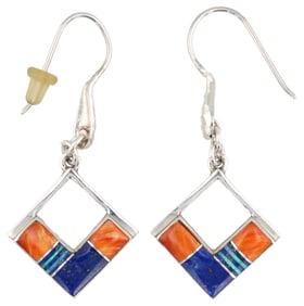 Kenneth Bitsie Navajo Sterling Multi Stone Inlay Earrings