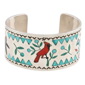 Vintage Signed Zuni Sterling Multi Stone Inlay Bird Cuff Bracelet