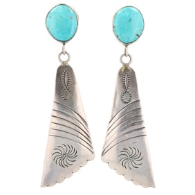 Leonard Platero Navajo Sterling Hand Stamped Turquoise Earrings